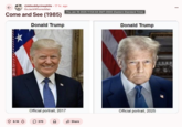 Memes and jokes about "President Donald Trump's":https://knowyourmeme.com/memes/people/donald-trump official 47th inaugural portrait began making the rounds in January 2025. Trump's 2016 portrait shows him smiling, while some internet users thought that the lighting and expression in Trump's 2025 portrait were comparable to his 2024 "mugshot":https://knowyourmeme.com/memes/donald-trumps-mugshot. 