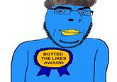 A blue "Cobson":https://knowyourmeme.com/memes/cobson "Wojak":https://knowyourmeme.com/memes/wojak wearing a button reading "bottled the likes award." It is used as a reaction image to call out someone who you think is botting their likes.