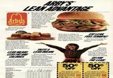 The Arby's advantage ARBY'S® LEAN ADVANTAGE Arby's Everywhere you go, people are watching what they eat, Because a big part of eating healthy is cutting down on foods that are high in fat and calories. At Arby's we've always used only top quality, lean cuts of meat, for tender roast beef that's lower in fat and calories than the typical fast food hamburger. That's Arby's lean advantage. exercising and talking about nutrition. But eating right is nothing new at Arby's because we've offered the lean advantage since the day we sold our first roast beef sandwich 21 years ago. LEAN MEANS LESS FAT AND CALORIES If you're concerned about nutrition, coming to Arby's for a roast beef sandwich makes a lot more sense than grabbing a burger at another fast food chain. Ales base on wage weight of menu amin autod Nubiont values may vary depending upo poder supplers and hood preparation procedures TASTE A LEAN DREAM When you bite into one of Arby's roast beef sandwiches, you'll know there's more to the lean advantage than just nutrition. There's tender, juicy beef with a taste beyond compare. Because we start with leaner cuts of meat and Cabries Pratin Grams Junior Road Beet 30 86 210 12 22 20 345 Regular Road Beef Deel's Chedda 67 52 107 353 22 30 190 15 20 580 4x 24 21 ST 1520 face Cheddar Dole King Roast Bee Super Roast Beef BO 225 581 28 36 67 182 453 27 83 204 501 25 50 34 78 1385 4 19 6 765 32 40 800 slow roast it, letting the meat baste itself. So you get nothing but tender, juicy, delicious roast beef, served in a variety of luscious ways. Now that's a lean dream. S EAT LEAN FEEL TERRIFIC! The lean advantage fits today's active, healthy lifestyle. Because eating lean keeps you fit in body and soul, so you can stay in shape and enjoy life every day. And that feels terrific. GO FOR THE LEAN! 1985 Arby's, Inc. 50° 50° OFF Any Arby's Lean Roast Beef Sandwich. Offer valid with this coupon at participating Arby's through 12/31/88 Limit one coupon per customer, per visit Not valid with ally other offer or on a Junior Roast Beef sandwich Arb OFF Any Arby's® Lean Roast Beef Sandwich. Offer valid with the coupon at participating Arby's through 12/31/85 Lim one coupon per customer, por vs Not valid with Arbois any other offer or on a Junior Roast Beef sandwich