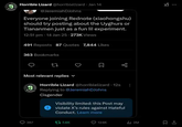 Horrible Lizard @horriblelizard Jan 14 @JeremiahDJohns Everyone joining Rednote (xiaohongshu) should try posting about the Uyghurs or Tiananmen just as a fun lil experiment. 12:51 pm 14 Jan 25. 273K Views 491 Reposts 87 Quotes 7,844 Likes 363 Bookmarks Most relevant replies ▾ ☐ Horrible Lizard @horriblelizard 12s Replying to @JeremiahDJohns Cisgender Visibility limited: this Post may 88 violate X's rules against Hateful Conduct. Learn more 367 tl 7.4K 124K ili 2M XI