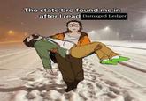 A meme showing a man carrying his unconscious friend through the snow. The meme replaces the original men with "_Disco Elysium_ ":https://knowyourmeme.com/memes/subcultures/disco-elysium characters and is captioned, "The state bro found me in after I read Damaged Ledger."