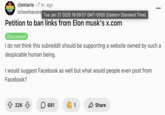 On January 21st, 2025, several subreddits called for a blanket ban on all "X":https://knowyourmeme.com/memes/sites/twitter-x (formerly known as Twitter). Some redditors proposed the ban on X links because that people without an X account cannot access posts, while others proposed the ban in protest of "Elon Musk supposedly doing a Nazi salute":https://knowyourmeme.com/memes/events/elon-musk-sieg-heil-salute-at-donald-trump-inauguration at Donald Trump's post-inaugural rally in Washington DC. 