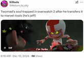 A GIF caption meme about YouTuber Twomad's soul getting transferred from Overwatch to Marvel Rivals.