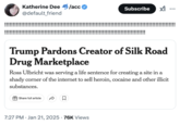 An excited "tweet":https://knowyourmeme.com/memes/sites/twitter-x reaction to the pardoning of "Silk Road":https://knowyourmeme.com/memes/sites/silk-road founder "Ross Ulbricht":https://knowyourmeme.com/memes/people/dread-pirate-roberts.