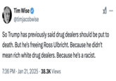 A "tweet":https://knowyourmeme.com/memes/sites/twitter-x noting a flaw in "Donald Trump":https://knowyourmeme.com/memes/people/donald-trump pardoning "Silk Road":https://knowyourmeme.com/memes/sites/silk-road founder "Ross Ulbricht":https://knowyourmeme.com/memes/people/dread-pirate-roberts based on critical race theory.