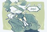 A piece of art based on the vocaloid song "Decadent Life Hymn." The art shows a character with their hands together saying "sorry."