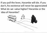 If you pull the lever, Harambe will die. If you don't, his existence will never be appreciated. What do we value higher? Harambe or the idea of Harambe? 00000 Jereal.real005
