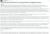 A post made to Reddit's /r/confessions subreddit about a girl who put period blood in her boyfriend's spaghetti sauce and doesn't know how to tell him. This practice is known as "the spaghetti method," a spell that is meant to make a man fall in love with you.