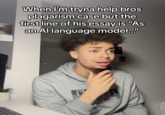 When I'm tryna help bros plagarism case but the first line of his essay is "As an Al language model..."