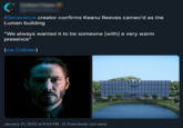 #Severance creator confirms Keanu Reeves cameo'd as the Lumen building "We always wanted it to be someone [with] a very warm presence" (via Collider) January 21, 2025 at 6:53 PM Everybody can reply