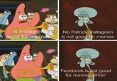 Is instagram good for memes? No Patrick, instagram is not good for memes. Facebook is not good for memes either.