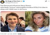 A parody of the Daily Mail headline about OnlyFans model Bonnie Blue accusing Lily Phillips of stealing her idea to sleep with 1,000 men in one day. The meme features Harry Sisson, a political influencer.
