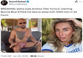 A parody of the Daily Mail headline about OnlyFans model Bonnie Blue accusing Lily Phillips of stealing her idea to sleep with 1,000 men in one day. The meme features Andrew Tate, a manosphere influencer.