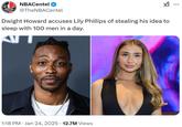 CENTEL NBACentel @TheNBACentel Dwight Howard accuses Lily Phillips of stealing his idea to sleep with 100 men in a day. ལ་ 1:18 PM Jan 24, 2025 · 12.7M Views ...