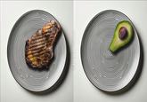 Images of steak and avocado on a plate, symbolizing conservatives (steak) and liberals (avocado), while the meme itself references the distribution of the Moral Circles Heatmap.
