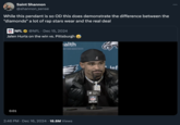"Rappers vs. Athlete Chains" refers to memes and jokes inspired by "NFL":https://knowyourmeme.com/memes/cultures/nfl-american-football player and Philadelphia Eagles quarterback Jalen Hurts' customer diamond chain, with internet users joking about the diamonds "dancing" on his chain, or making memes about being blinded by the chain. These jokes later evolved into comparisons about the differences between the jewelry worn by "rappers":https://knowyourmeme.com/memes/cultures/rap-hip-hop and the jewelry worn by athletes.