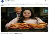 An AI meme of Trump forcing Selena Gomez to eat food. The meme reads, “Keep eating Selena…keep eating…just a few more and I’ll let your abuela stay…”