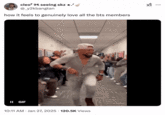 A "tweet":https://knowyourmeme.com/memes/sites/twitter-x using the Shemar Moore Dancing GIF, captioned, "How it feels to genuinely love all the "BTS":https://knowyourmeme.com/memes/people/bts members."