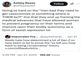 A "tweet":https://knowyourmeme.com/memes/sites/twitter-x that comes at the IUD discourse saying, "They end up framing the medical advances that have allowed women to prevent pregnancy on their terms and improve upon their bodily autonomy as a form of sexist repression LOL."