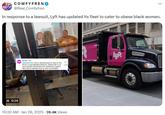 A tweet reading, "In response to a lawsuit, Lyft has updated its fleet to cater to obese black women." The tweet references Dank Demoss suing Lyft.