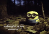 A meme from "TikTok":https://knowyourmeme.com/memes/sites/tiktok using the Minion":https://knowyourmeme.com/memes/minions standing in a dark forest and staring image, captioned, "My HG looking at me after I dragged her on the most insane side quest cus we're drunk."