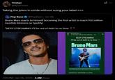 Tristan @AyoTristan Taking the jokes in stride without suing your label >>> Pop Base @PopBase⚫ Jan 28 Bruno Mars reacts to himself becoming the first artist to reach 150 million monthly listeners on Spotify: “KEEP STREAMING! I'll be out of debt in no time f 7:29 PM · Jan 28, 2025 4.8M Views brunomars 6m Bruno Mars, Anderson .Paak, Silk Sonic... KEEP STREAMING! I'll be out of debt in no time Bruno Mars On January 27, Bruno Mars became the first artist to reach 150 million monthly listeners in Spotify history. @spotifynews, todaystophits and spotify XI