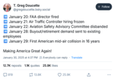 T. Greg Doucette @gregdoucette.bsky.social January 20: FAA director fired → January 21: Air Traffic Controller hiring frozen + Follow January 22: Aviation Safety Advisory Committee disbanded January 28: Buyout/retirement demand sent to existing employees January 29: First American mid-air collision in 16 years Making America Great Again! January 30, 2025 at 4:37 PM Everybody can reply · Translate 12.7K reposts 1.1K quotes 25.9K likes 819 13.8K 25.9K ↑