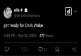 nila *A @tenbillionswans get ready for Dark Woke 4:33 PM • Nov 18, 2024 477 Views 172 21 ☐ ✓