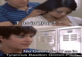 "T As In Troy" refers to an "exploitable":https://knowyourmeme.com/memes/exploitables meme from the "Disney":https://knowyourmeme.com/memes/subcultures/disney film "_High School Musical 2_":https://knowyourmeme.com/memes/subcultures/high-school-musical, where the lead character Troy Bolton (played by Zach Efron) gifts a "T" necklace to his girlfriend Gabriella Montez (played by Vanessa Hudgens). The scene shows Gabriella asking Troy if the necklace is "T as in Troy," to which Troy answers, "Well, I...yeah." Troy's stuttering and hesitant reply is often edited to reflect a different, humorous, and more biting response to Gabriella.