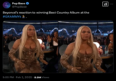 Early notable tweet featuring "Beyoncé's":https://knowyourmeme.com/memes/people/beyonce startled and surprised reaction to winning Best Country Album for _Cowboy Carter_ at the 2025 "Grammys":https://knowyourmeme.com/search?context=entries&sort=relevance&q=grammy. Many Beyoncé fans began sharing the video and its "GIF":https://knowyourmeme.com/memes/cultures/gif form as a reaction meme in early February 2025, comparing it to memes like "Elizabeth Debicki Standing Up":https://knowyourmeme.com/memes/elizabeth-debicki-standing-up and "Even She Was Weirded Tf Out":https://knowyourmeme.com/memes/pinkpantheress-turning-around-even-she-was-weirded-tf-out.