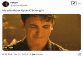 A "meme":https://knowyourmeme.com/memes/memes about the Dylan O'Brien "GIFs":https://knowyourmeme.com/memes/cultures/gif that leaked on "Twitter / X":https://knowyourmeme.com/memes/sites/twitter-x in early 2025, using a scene from the film _Whiplash_.