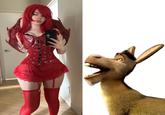 Cosplay of Skirby as the dragon from Shrek. The image shows Skirby as the dragon next to Donkey.