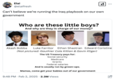 A "tweet":https://knowyourmeme.com/memes/sites/twitter-x attaching the "Who are these little boys?"  about the "Gen Z":https://knowyourmeme.com/memes/cultures/generation-z-gen-z-zoomers employees at "DOGE":https://knowyourmeme.com/memes/subcultures/department-of-government-efficiency-doge hired by "Elon Musk":https://knowyourmeme.com/memes/people/elon-musk. It shows Akash Bobba, Luke Farritor, Ethan Shaotran and Edward Coristine.