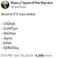 Ryan Jayce of the flop duo @ryardave Arcane if it was woke: - VIGINA - CUNTlyn - DICKtor - Jayce - KINX - SERVEika • 2:16 PM Dec 10, 2024 4,358 Views