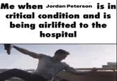 Jordan Peterson version of the Me When a X Is in Critical Condition and Is Being Airlifted to the Hospital caption meme.