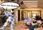 A meme showing Omega Shenron from "Dragon Ball":https://knowyourmeme.com/memes/subcultures/dragon-ball as a teacher. He is telling Goku and Trunks to get to class.