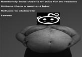 Randomly bans dozens of subs for no reasons Unbans them a moment later Refuses to elaborate Leaves
