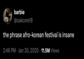 In late January 2025, "a number of offensive tweets":https://knowyourmeme.com/memes/events/karla-sofia-gascon-offensive-tweets from Spanish actress Karla Sofía Gascón Twitter account began making the rounds online, one of which called the 2021 Oscars a "festival afrokoreano" or "Afro-Korean Festival." In the days following Gascón's tweets, internet users began posting lighthearted jokes about what such a festival could look like.