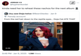 A "quote tweet":https://knowyourmeme.com/memes/quote-retweets-qrts about "Doja Cat":https://knowyourmeme.com/memes/people/doja-cat needing to "reheat her nachos" akin to the Reheating Nachos "slang":https://knowyourmeme.com/memes/internet-slang term.