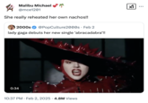 A "quote tweet":https://knowyourmeme.com/memes/quote-retweets-qrts about "Lady Gaga":https://knowyourmeme.com/memes/people/lady-gaga reheating her own nachos akin to the viral "Twitter / X":https://knowyourmeme.com/memes/sites/twitter-x "slang":https://knowyourmeme.com/memes/internet-slang term.