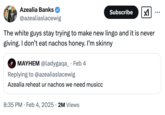 A "quote tweet":https://knowyourmeme.com/memes/quote-retweets-qrts from "Azealia Banks":https://knowyourmeme.com/memes/people/azealia-banks who joked about "white guys" making "slang":https://knowyourmeme.com/memes/internet-slang terms that are never ""giving":https://knowyourmeme.com/memes/its-giving."