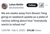 A "tweet":https://knowyourmeme.com/memes/sites/twitter-x making fun of "_SNL_":https://knowyourmeme.com/memes/subcultures/saturday-night-live-snl cast member Bowen Yang, predicting that he'll reference the Reheating Nachos meme on air.