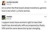 ouroborosorder Feb 22 oh so when the final boss's phase transitions, gamers love it, but when I, a trans woman, meeblo Feb 22 I support every trans woman's right to have their health bar dramatically refill accompanied by flashy VFX and the name above the hp bar changing.