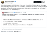 Tweet about "asteroid YR4," identified by scientists in late 2024. In February 2025, scientists calculated that the odds of the asteroid hitting the Earth are over 2%, prompting jokes about what events have fewer odds of happening than YR4 hitting the Earth. 