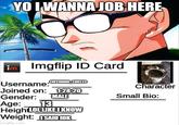 YO IWANNA JOB HERE im Imgflip ID Card Username: Joined on: EXPLODING TOILETS 1-28-20 Gender: MALE Age: 13 HeightLOL LIKE I KNOW Weight: SAID IDK imgflip.com Character Small Bio: