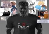 GigaChad with the slogan "I Love Fagslop" on his T-shirt.