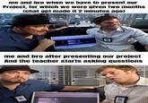 A meme using an image of Dexter and Angel Batista smiling on either side of a laptop. The caption reads, "me and bro when we have to present our Project, for which we were given two months (chat gpt made it 2 minutes ago)."