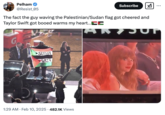 Tweet reacting to a clip of Taylor Swift getting booed at the 2025 Super Bowl LIX, where her then-boyfriend "Travis Kelce's":https://knowyourmeme.com/memes/events/taylor-swift-and-travis-kelces-relationship team the Kansas City Chiefs lost to the Philadelphia Eagles. The video shows Taylor Swift being projected onto the stadium's Jumbotron, causing Eagles fans or disgruntled Chiefs fans to boo the pop star. Taylor Swift looks sideways at the Jumbotron camera before laughing and appearing to say "What's going on."