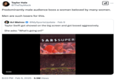 Tweet reacting to a clip of Taylor Swift getting booed at the 2025 Super Bowl LIX, where her then-boyfriend "Travis Kelce's":https://knowyourmeme.com/memes/events/taylor-swift-and-travis-kelces-relationship team the Kansas City Chiefs lost to the Philadelphia Eagles. The video shows Taylor Swift being projected onto the stadium's Jumbotron, causing Eagles fans or disgruntled Chiefs fans to boo the pop star. Taylor Swift looks sideways at the Jumbotron camera before laughing and appearing to say "What's going on."