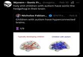 Not even the diagrams can escape Sonic Wyvern - Sonic Fr... @vegeta.... Feb 10 x1 h-------- children with autism have sonic the hedgehog in their brain Nicholas Fabian... @NTFa... . Feb 8 Children with autism have hyperconnected brains. 1/9 Typically developing children Children with autism
